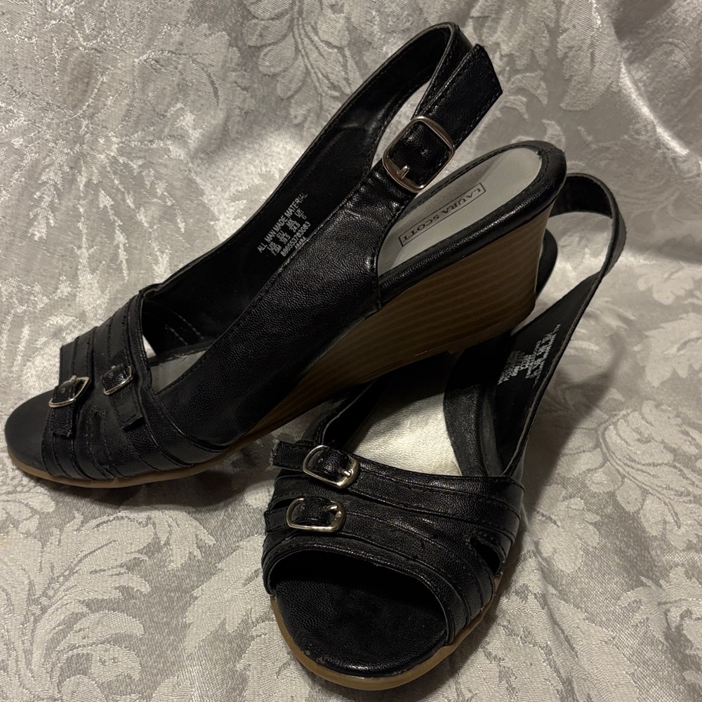 Laura Scott Black Slingback Wedge Sandals with Double Buckle